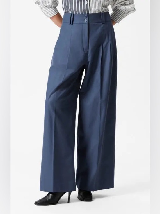 & Other Stories Pants - & Other Stories 8 Navy Wide-Leg High-Rise Cotton Wool Pants Preppy Clean Girl
